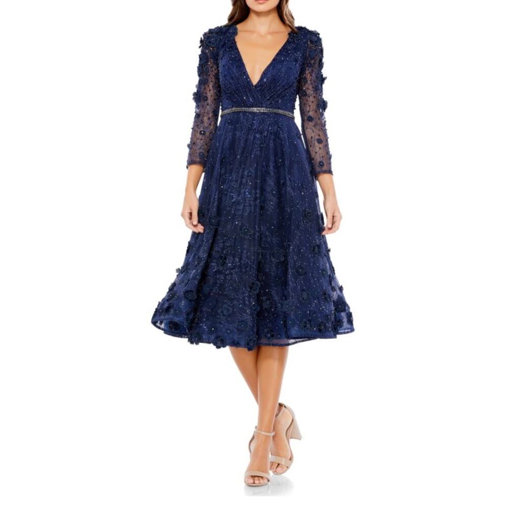 Mac Duggal 67809D Applique Fit-&-Flare Dress Blue Navy Floral Long Sleeve 14